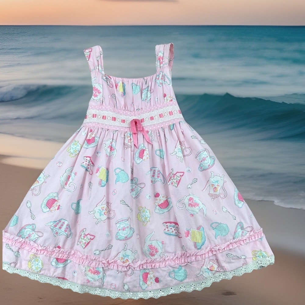Polly & Friends Kids Tea Party Dress Size 6 Pink Teapot Cupcake Lace Cottagecore